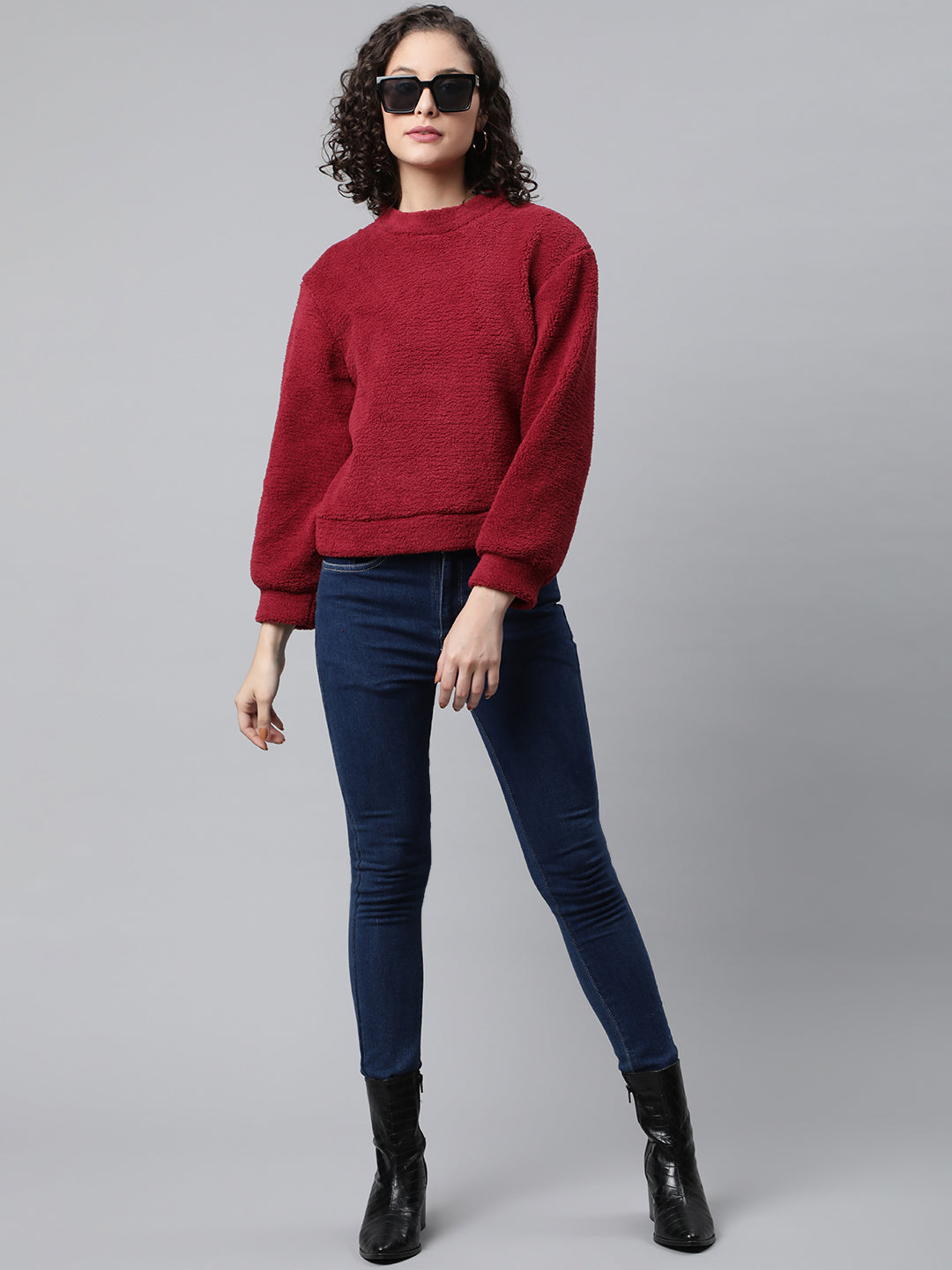 Woman Maroon Faux Fur Sweatshirt