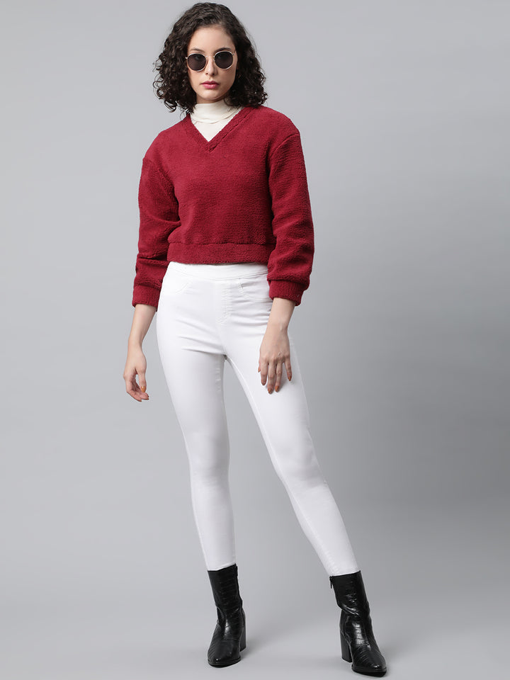 Maroon Cropped Faux Fur Sweatshirt