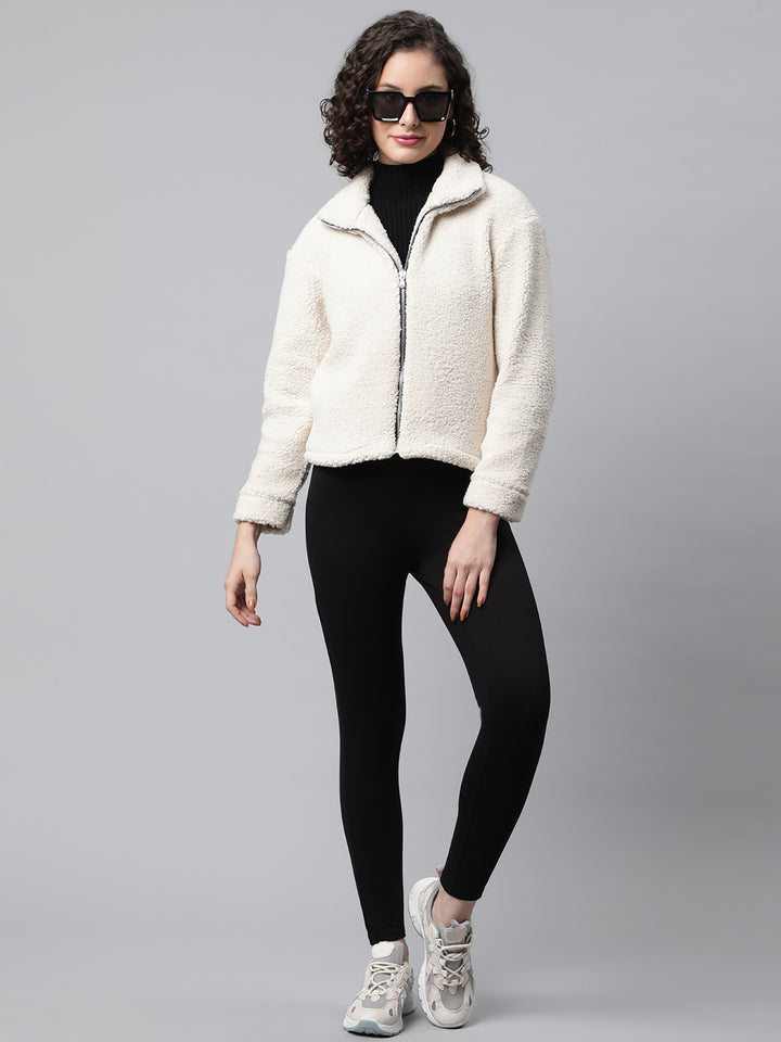 Woman Off White Faux-Fur Sweatshirt, Full Zipper
