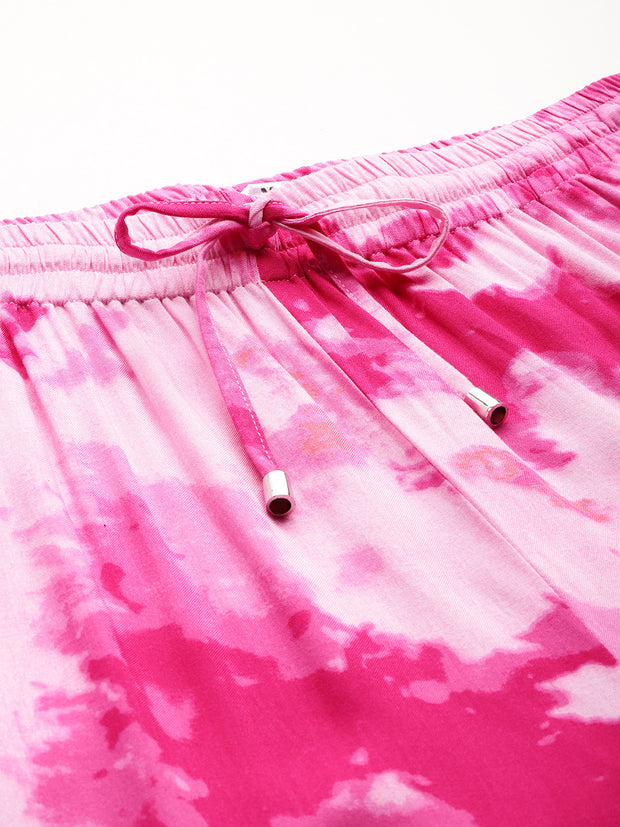 Pink Women Tie and Dye Printed Wide Leg High-Rise Trousers