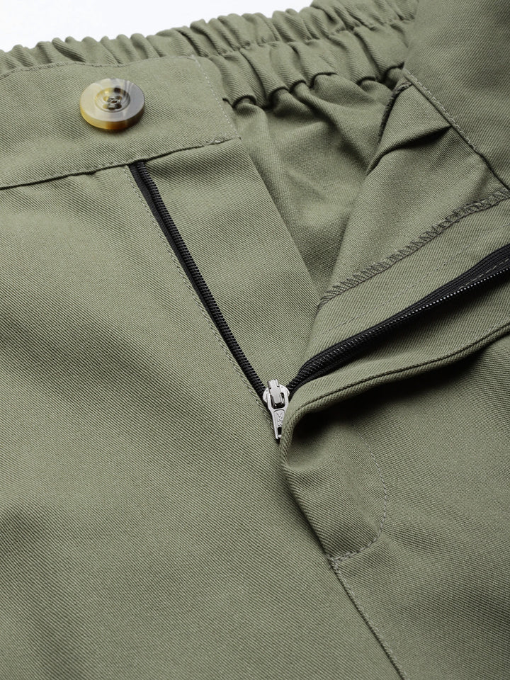 Women Olive Green Cotton Cropped Parallel Trousers