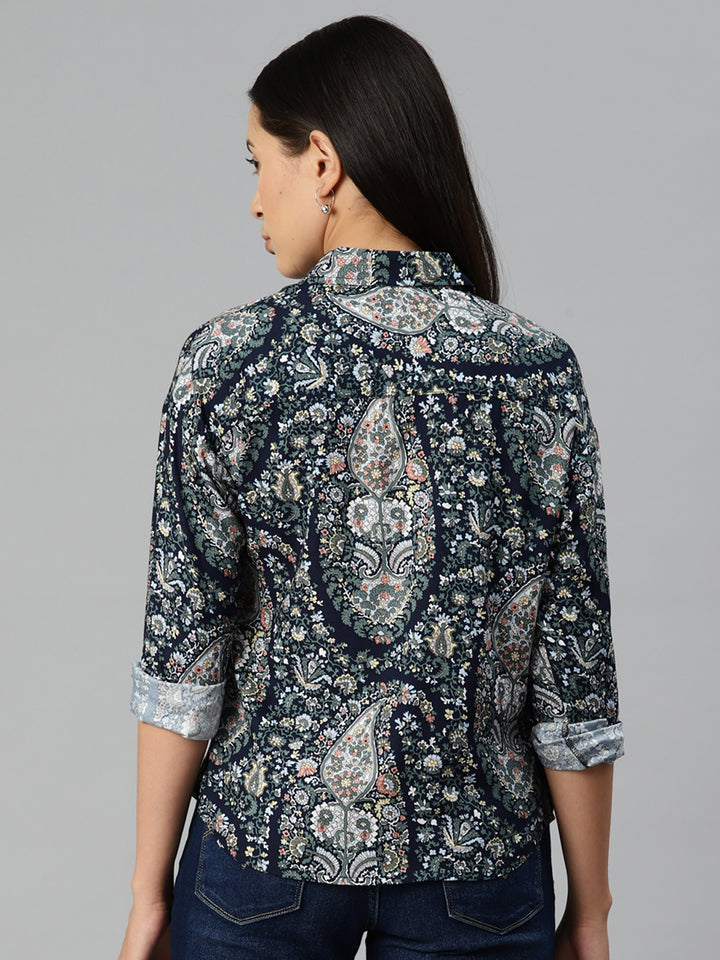 Navy Blue Floral Printed Casual Shirt