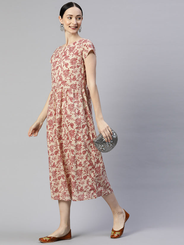 Off-White Floral Printed Cotton A-Line Dress