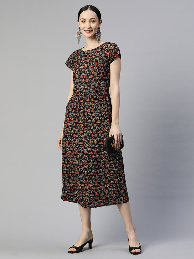 Black Abstract Printed Cotton A-Line Dress