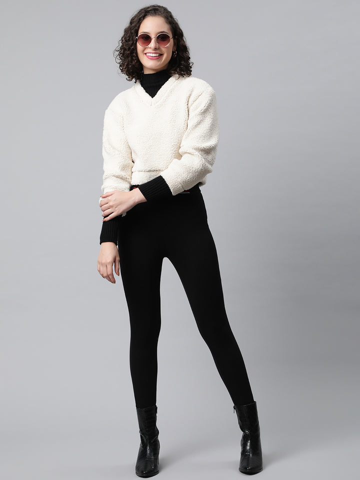 Women Off White Cropped Faux Fur Sweatshirt