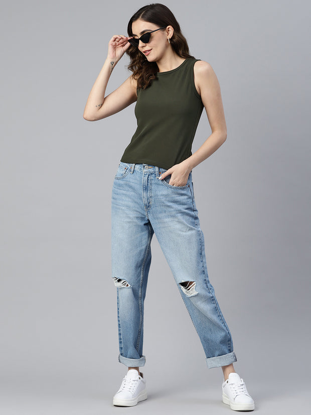 Solid Olive Green Sleeveless Crop Top