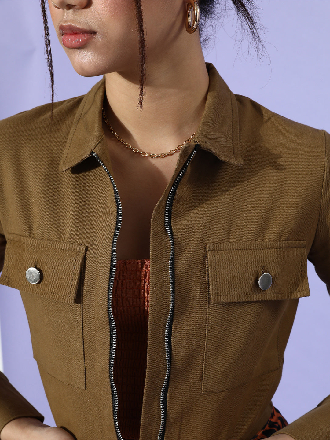 Khaki Solid Pure Cotton Cropped Jacket