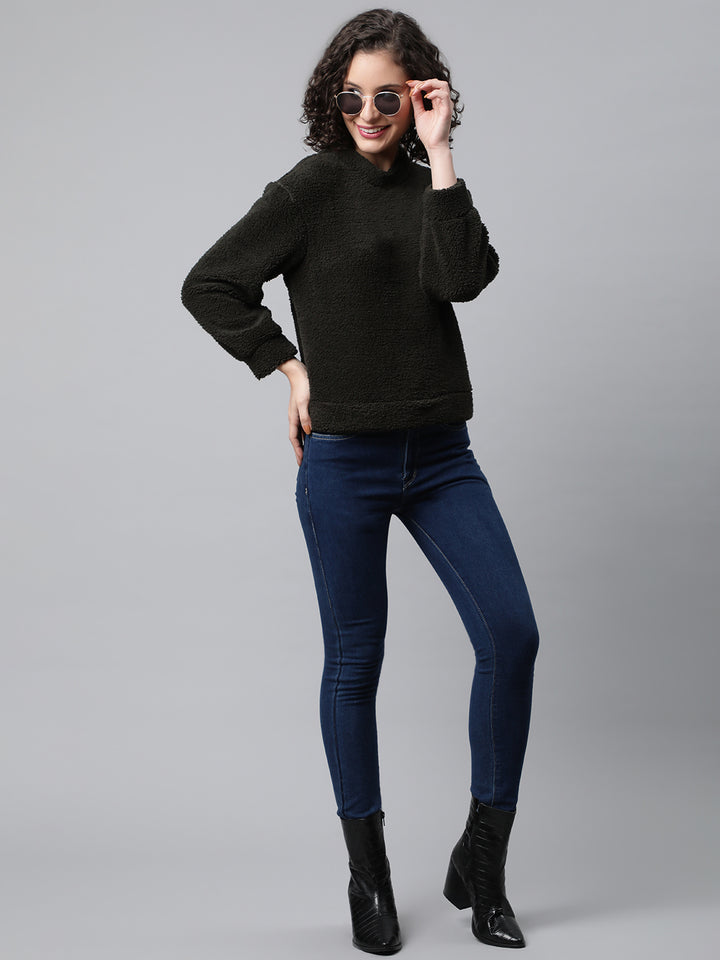 Woman Olive Green Faux Fur Sweatshirt