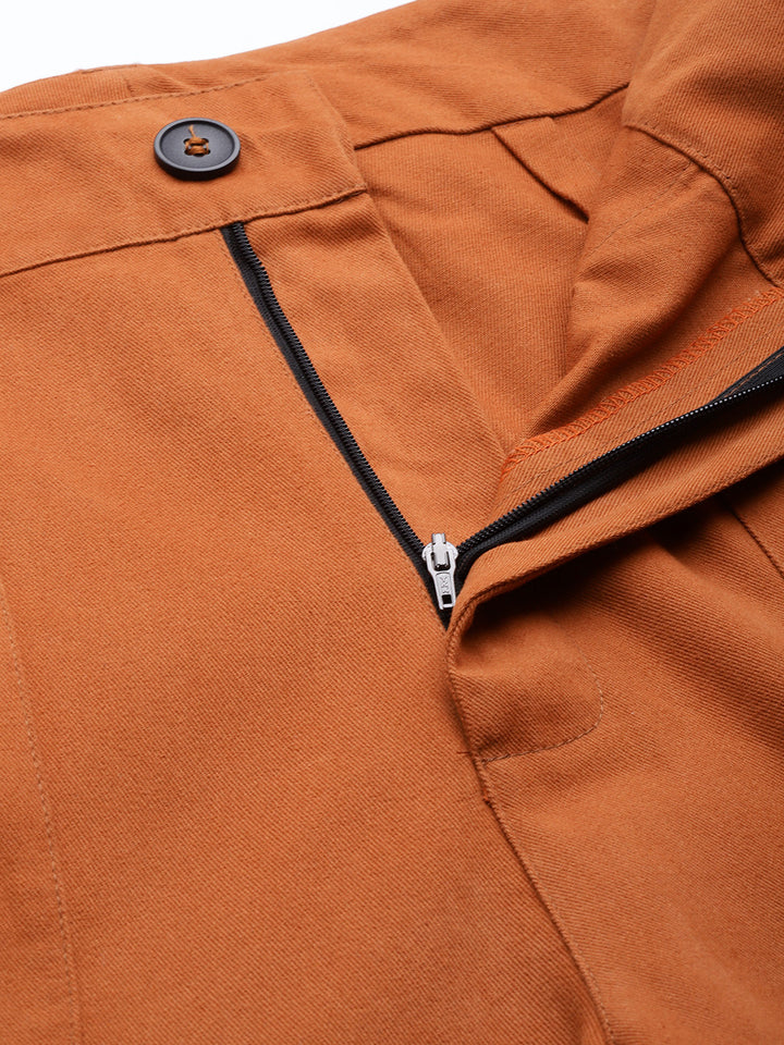 Women Rust Orange Cotton Cropped Cargo Joggers with Belt
