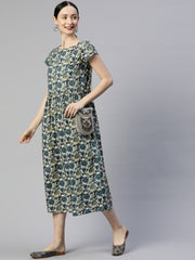 Teal Floral Printed Cotton A-Line Dress