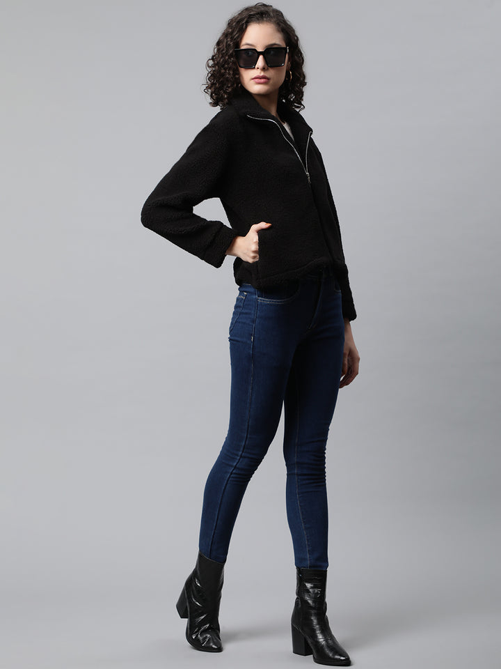 Woman Black Faux-Fur Sweatshirt, Full Zipper