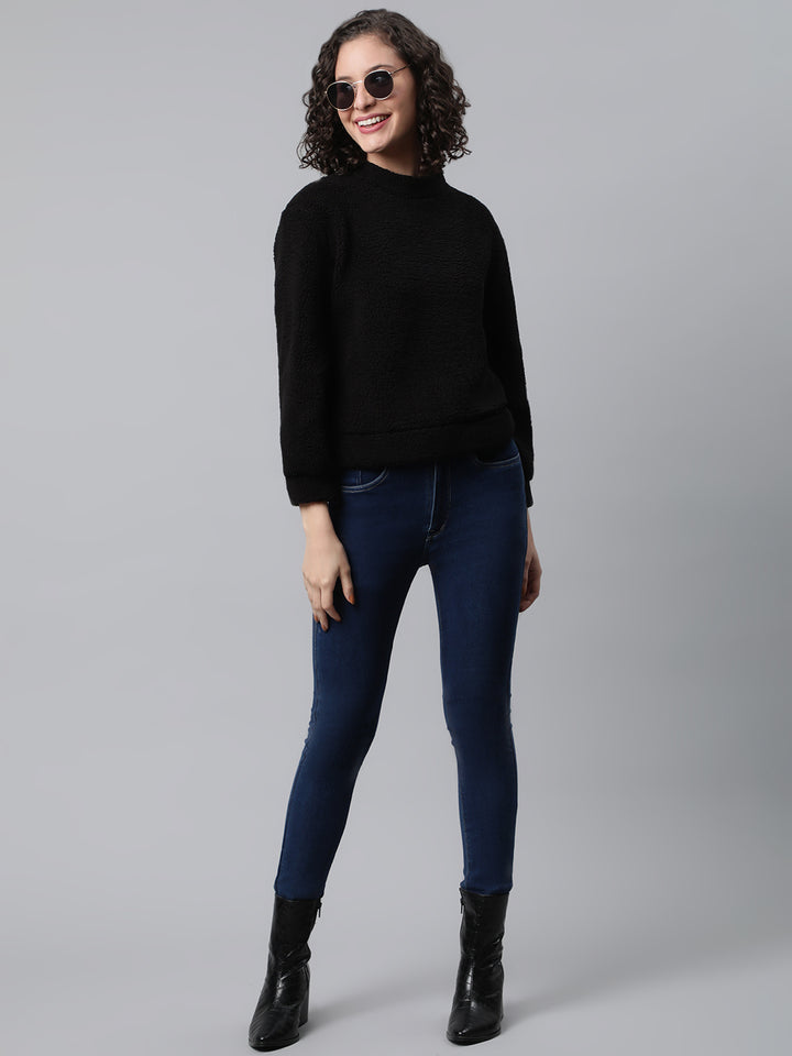Women Black Faux Fur Sweatshirt
