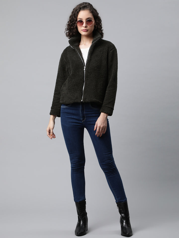 Woman Green Faux-Fur Sweatshirt, Full Zipper