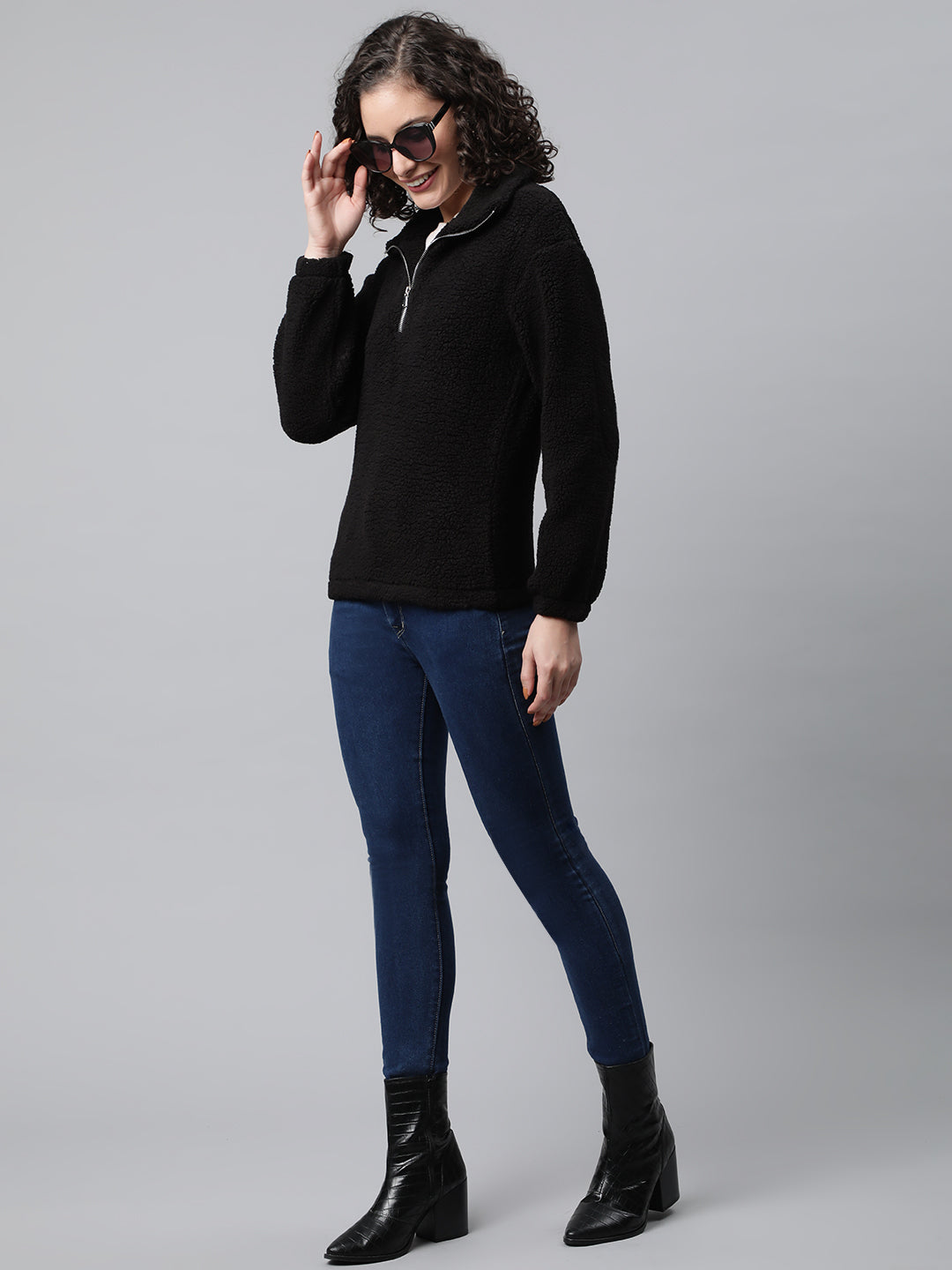 Women Black Faux Fur Sweatshirt, Half Zipper