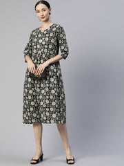 Black Floral Cotton A-Line Midi Dress with Pocket