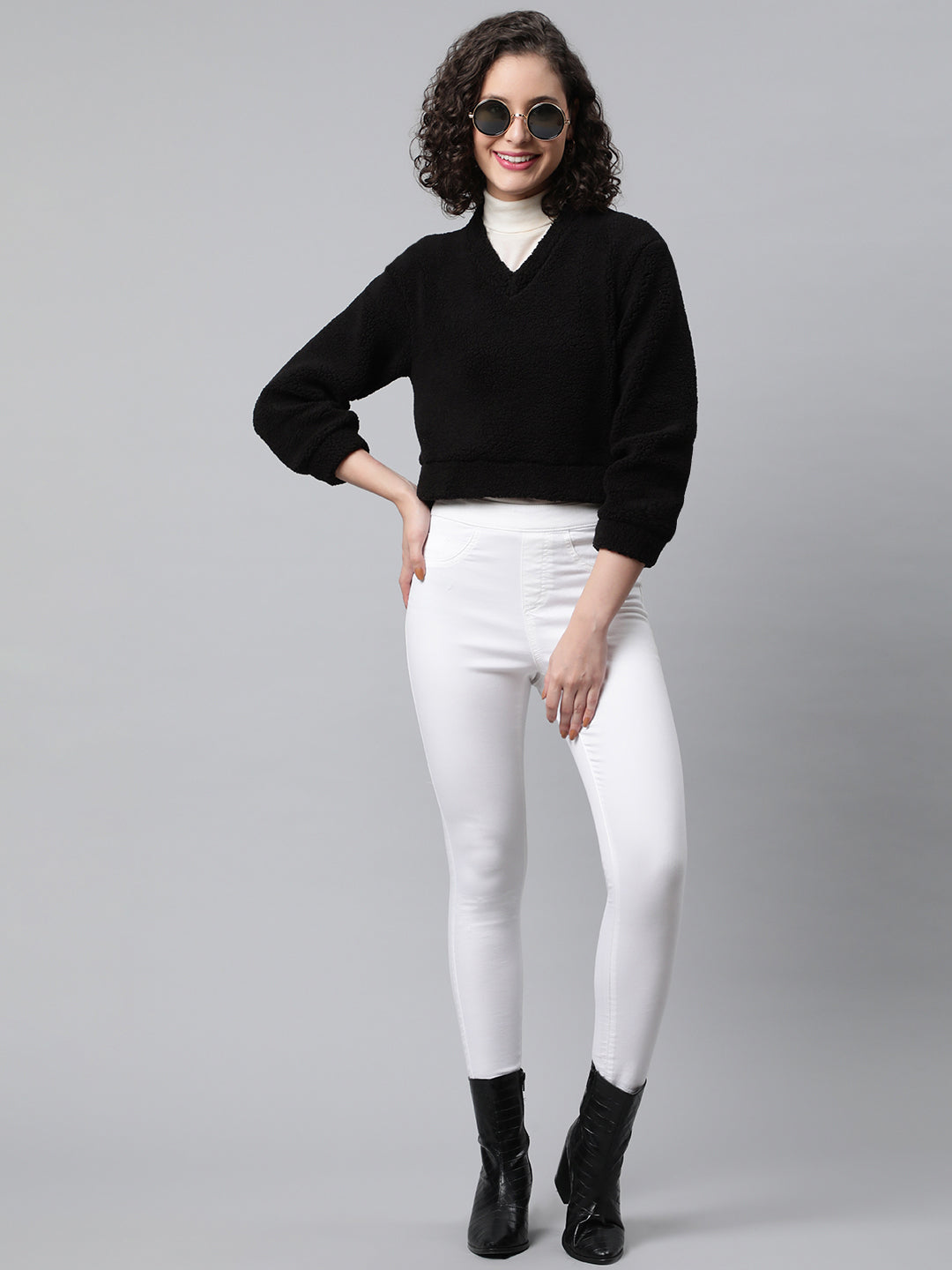 Black Cropped Faux Fur Sweatshirt
