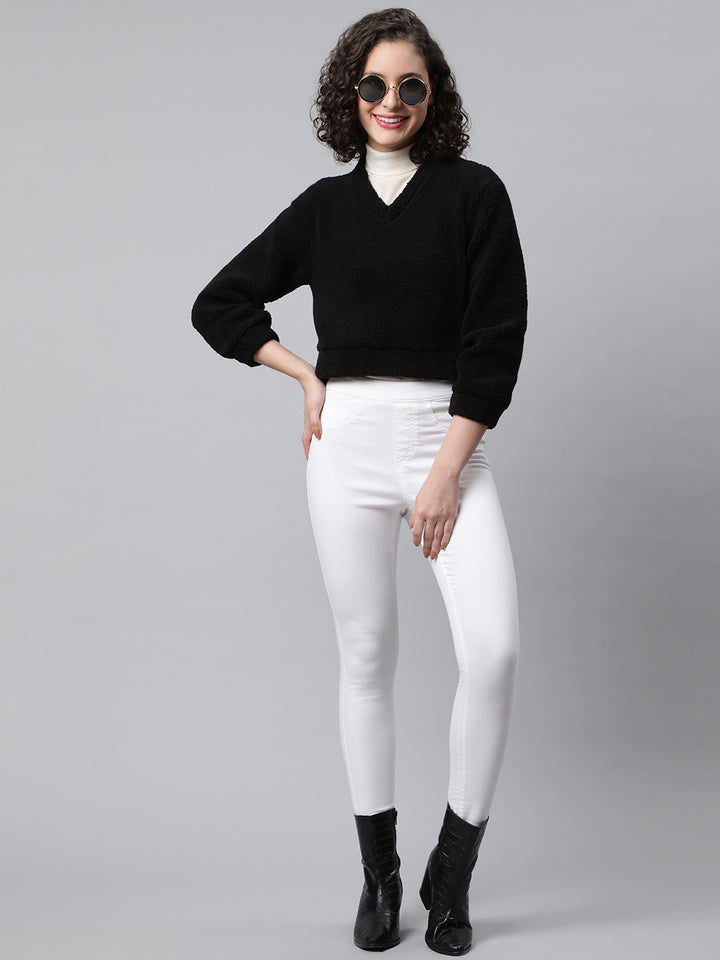 Black Cropped Faux Fur Sweatshirt