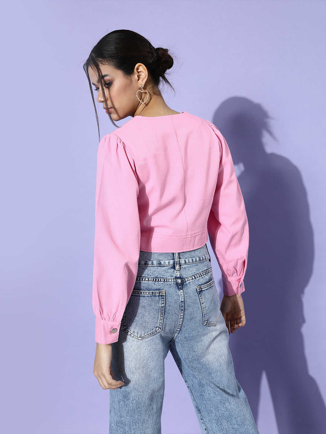 Women Pink Solid Pure Cotton Cropped Jacket