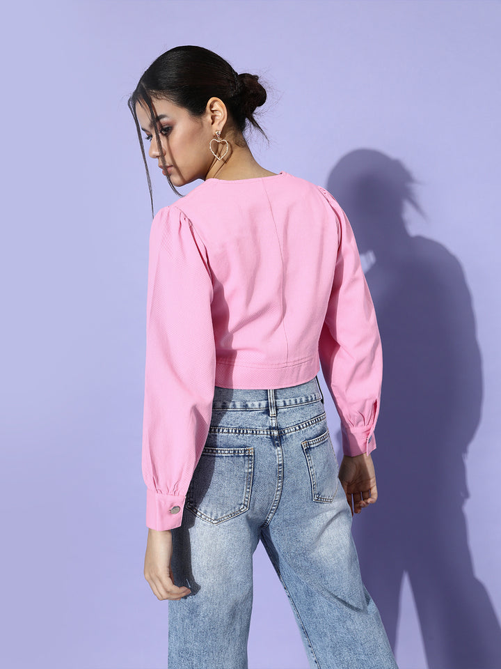 Women Pink Solid Pure Cotton Cropped Jacket