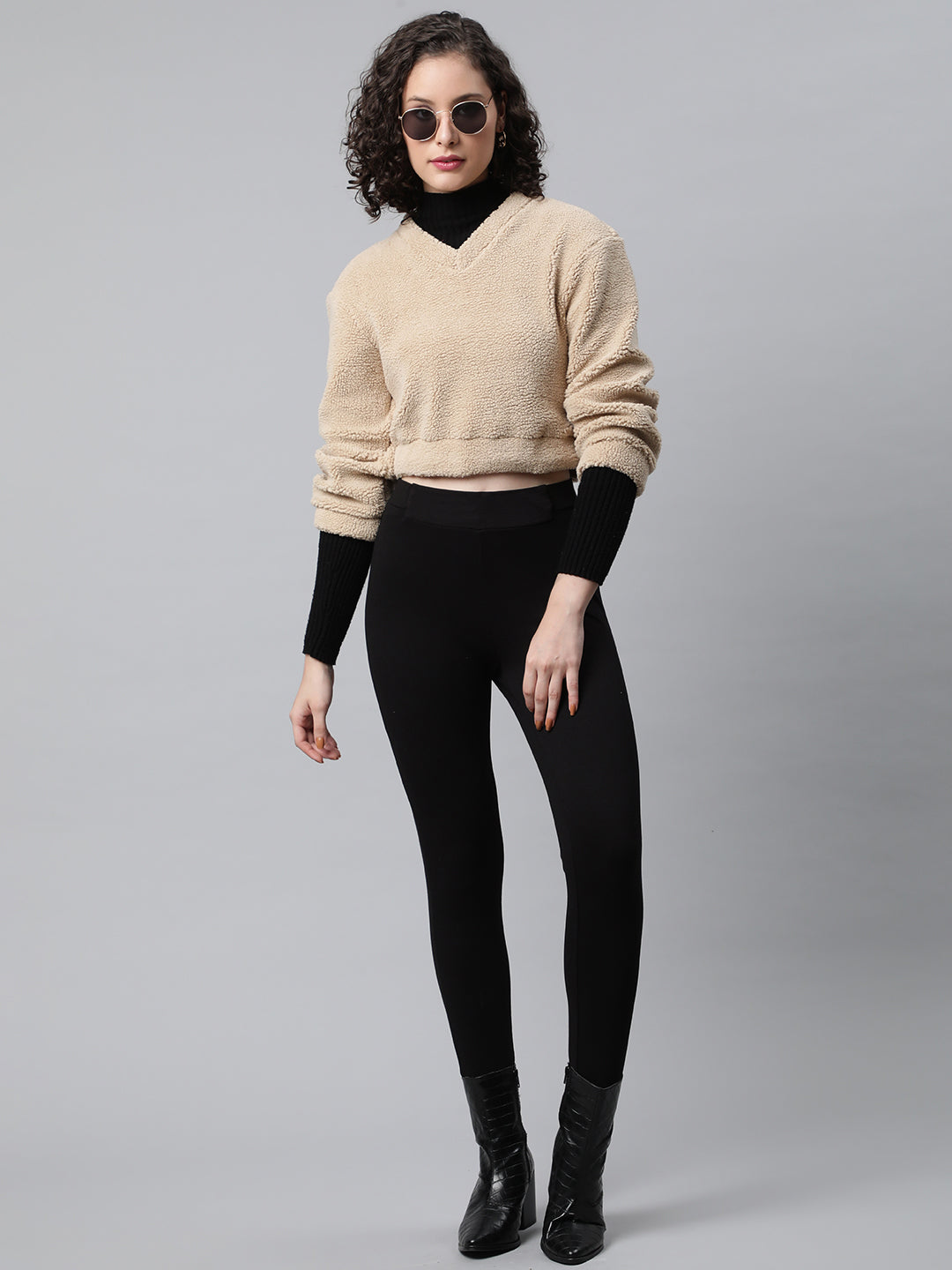Beige Cropped Faux Fur Sweatshirt