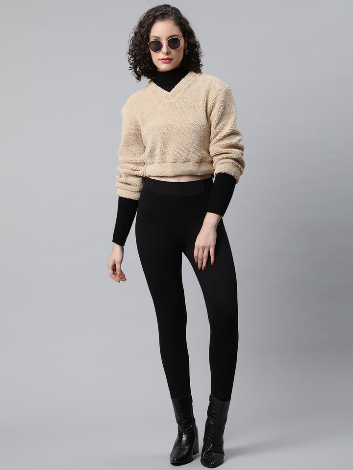 Beige Cropped Faux Fur Sweatshirt