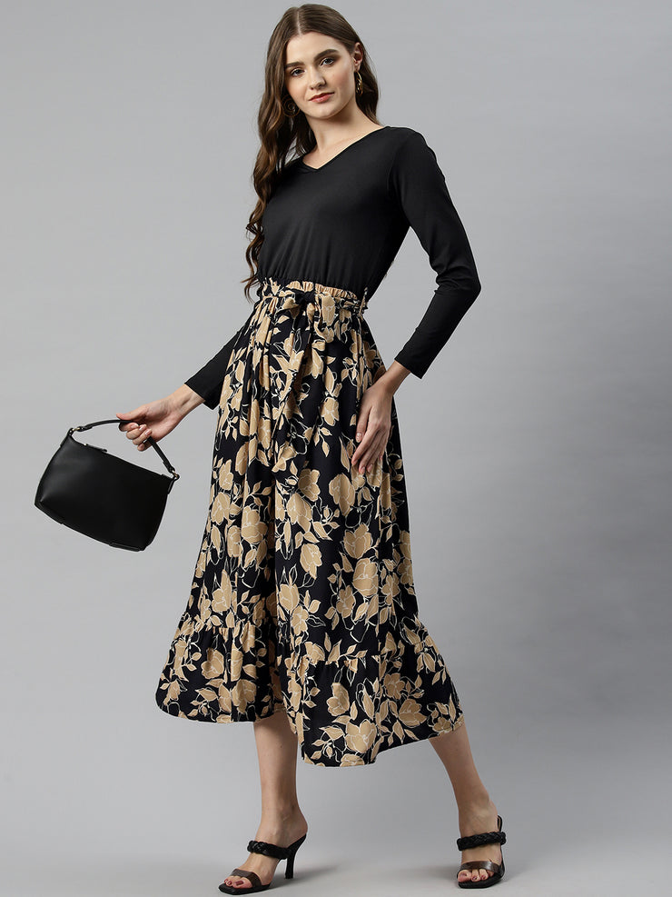 Black and Beige Floral Print A-Line Tiered Midi Dress with Belt