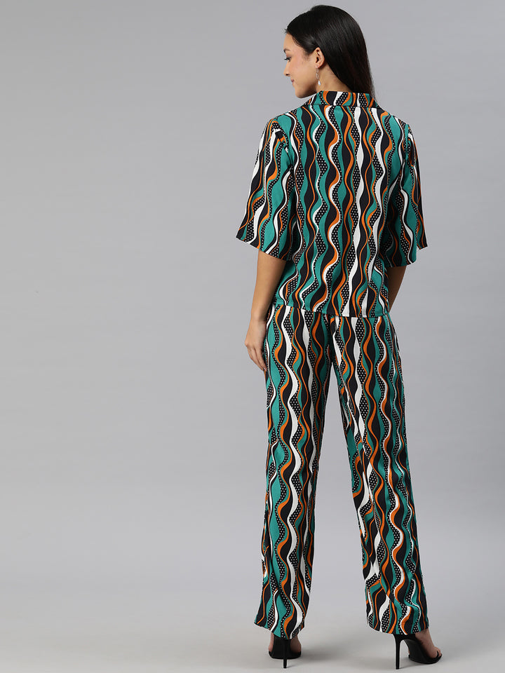 Turquoise Blue,Brown and Black printed Co-Ords