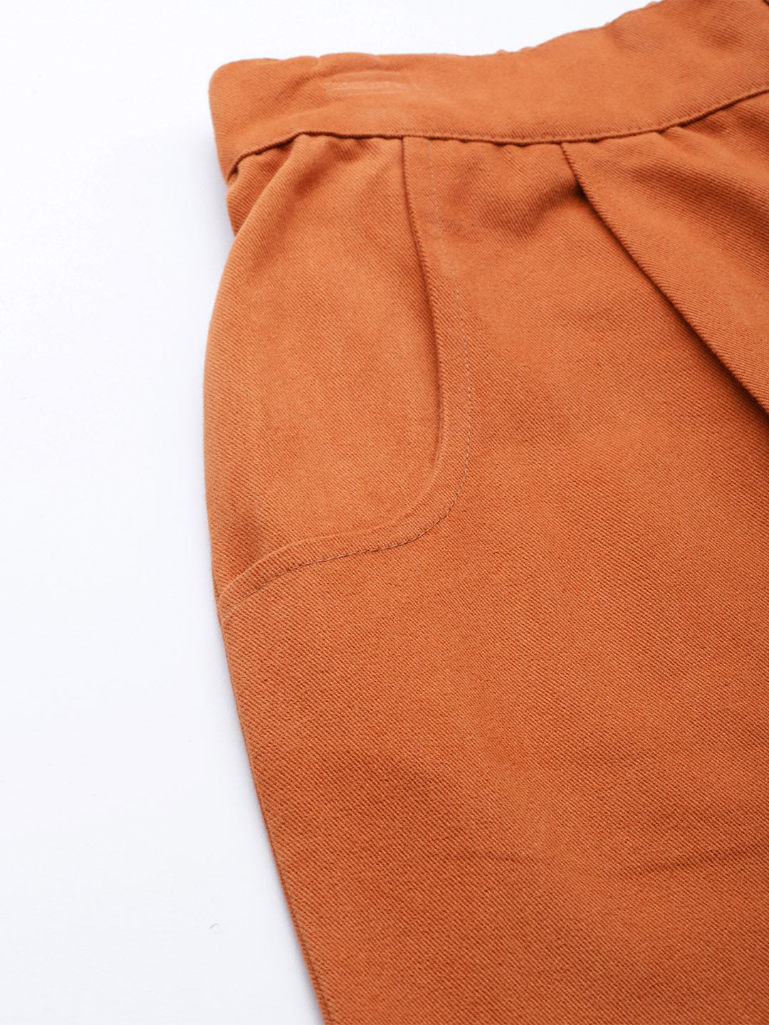 Women Rust Orange Cotton Cropped Parallel Trousers