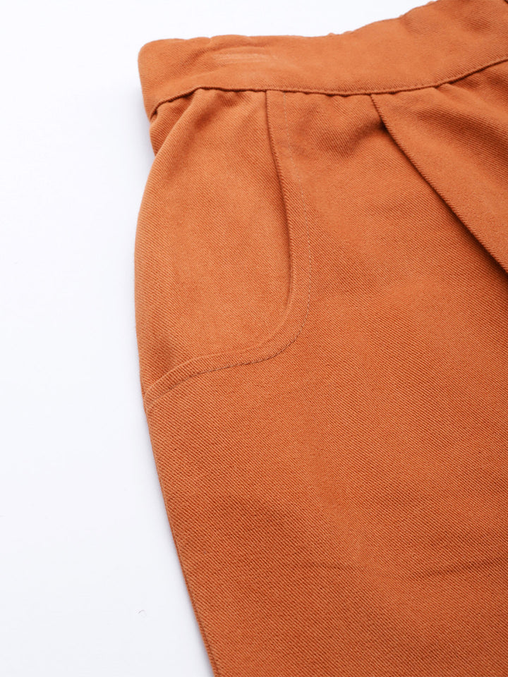 Women Rust Orange Cotton Cropped Parallel Trousers