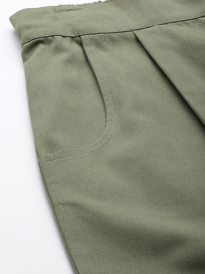 Women Olive Green Cotton Cropped Parallel Trousers