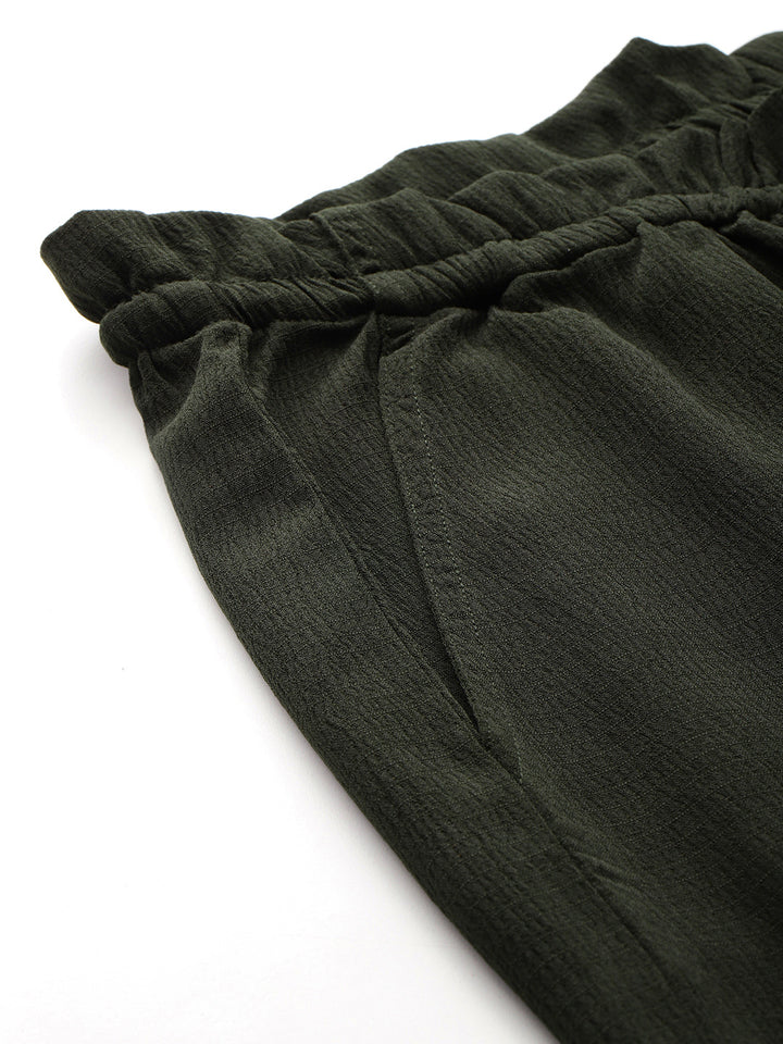 Green Textured High-Rise Trousers