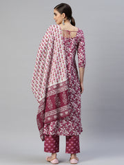 Women Fuchsia Floral Printed Pure Cotton Kurta with Trousers & With Dupatta