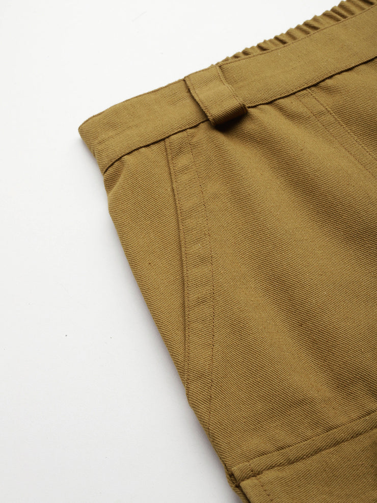 Khaki High-Rise Pure Cotton Cargo Shorts