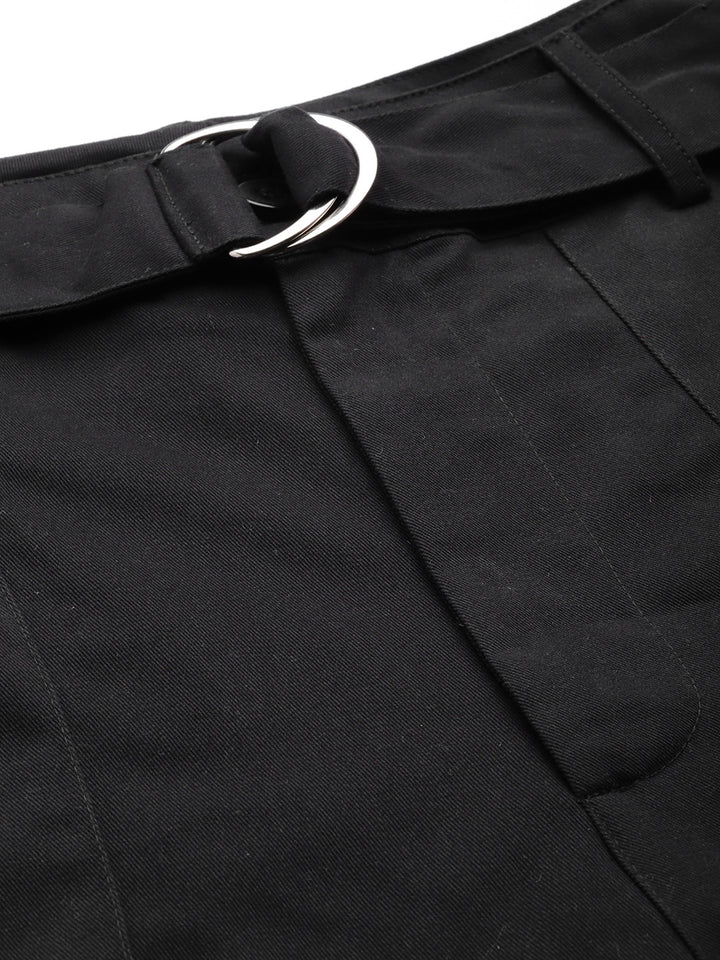 Women Black High-Rise Cargo Joggers with Belt