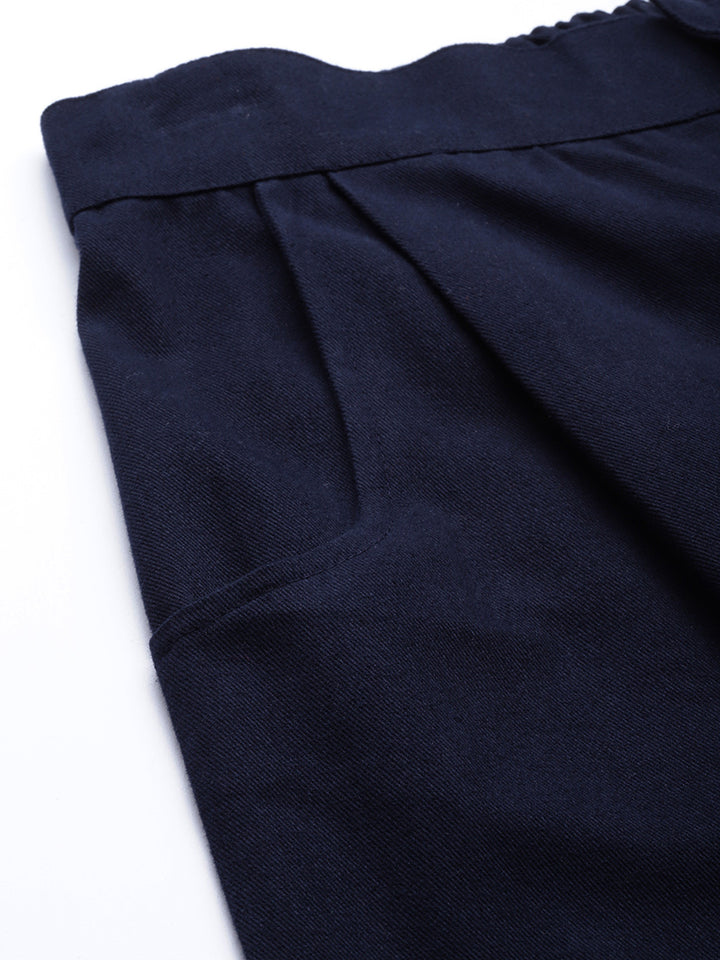 Women Blue Cotton Cropped Parallel Trousers