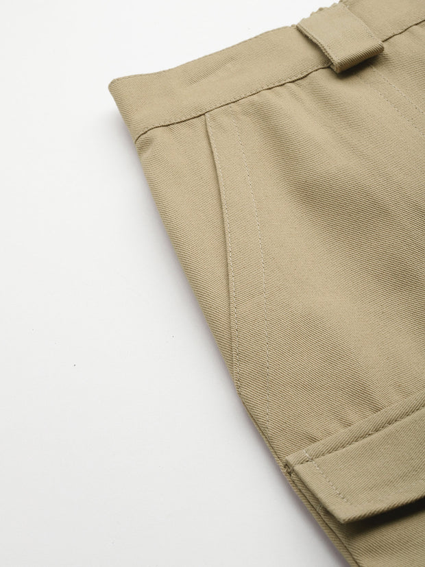 Beige High-Rise Pure Cotton Cargo Shorts