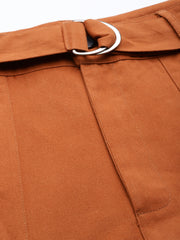 Women Rust Orange Cotton Cropped Cargo Joggers with Belt