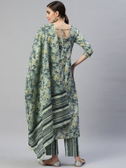 Women Green Floral Printed Pure Cotton Kurta with Trousers & With Dupatta