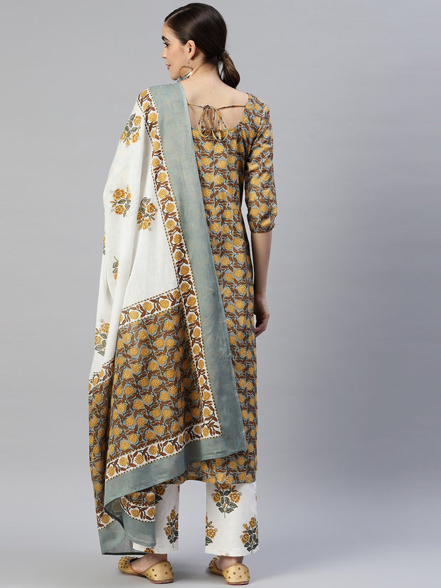 Women Green Floral Printed Angrakha Pure Cotton Kurta with Trousers & With Dupatta