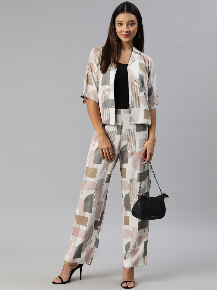 White, grey & Brown Printed Co-Ords