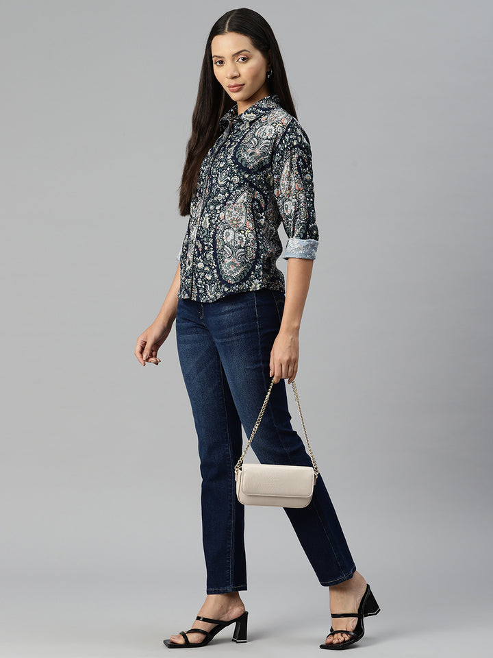 Navy Blue Floral Printed Casual Shirt