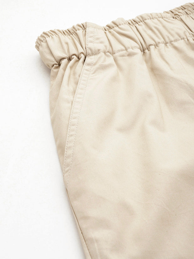 Beige Loose Fit High-Rise Pure Cotton Parachute Cargo Trouser