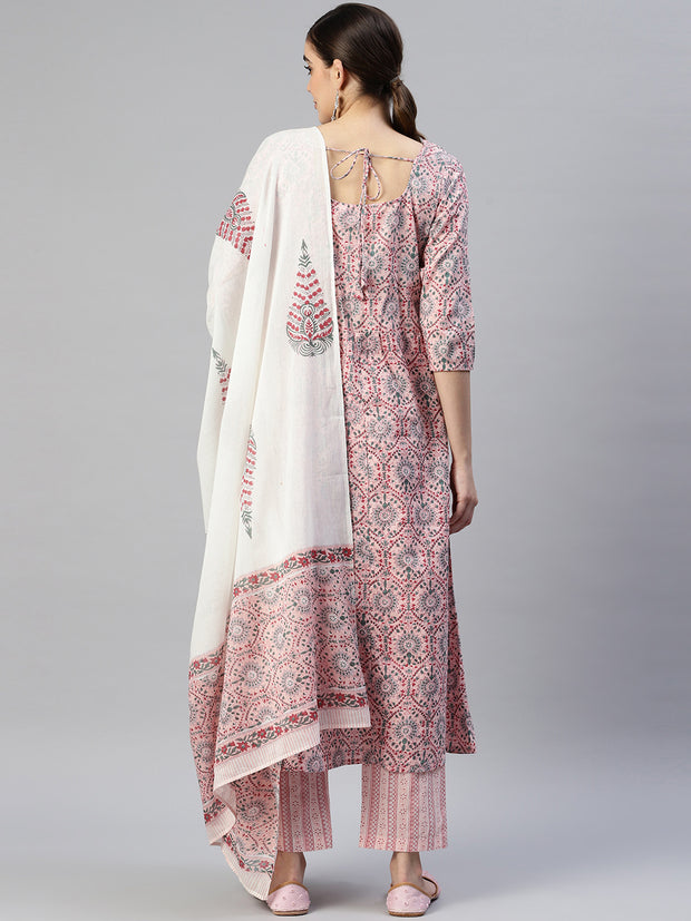 Women Pink Ethnic Motifs Printed Pure Cotton Kurta with Trousers & With Dupatta