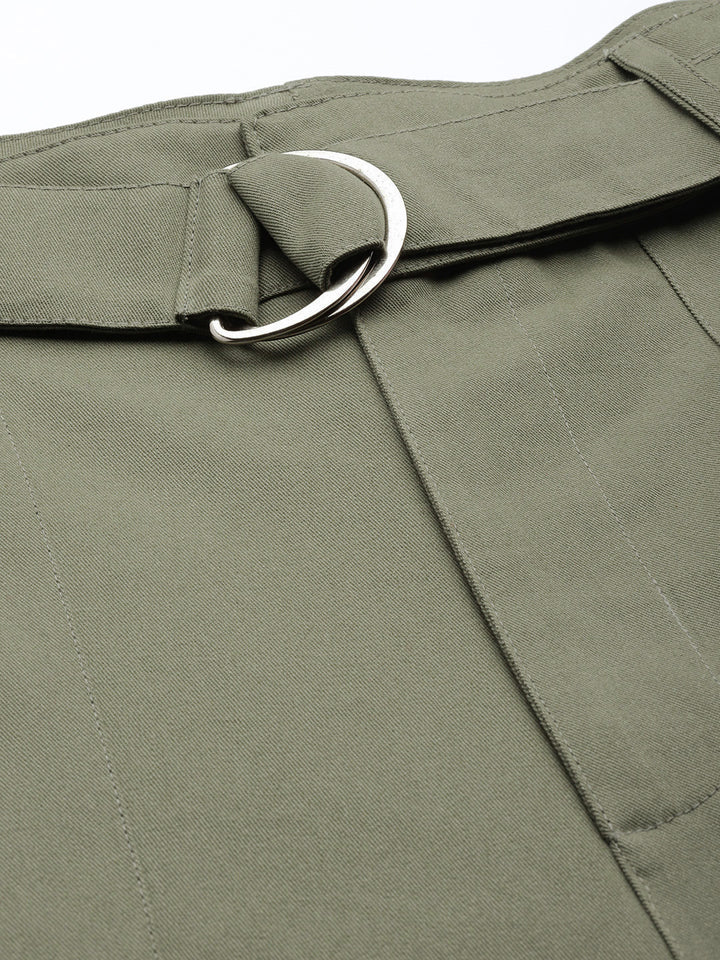 Women Olive Green  Cotton Cropped Cargo Joggers with Belt