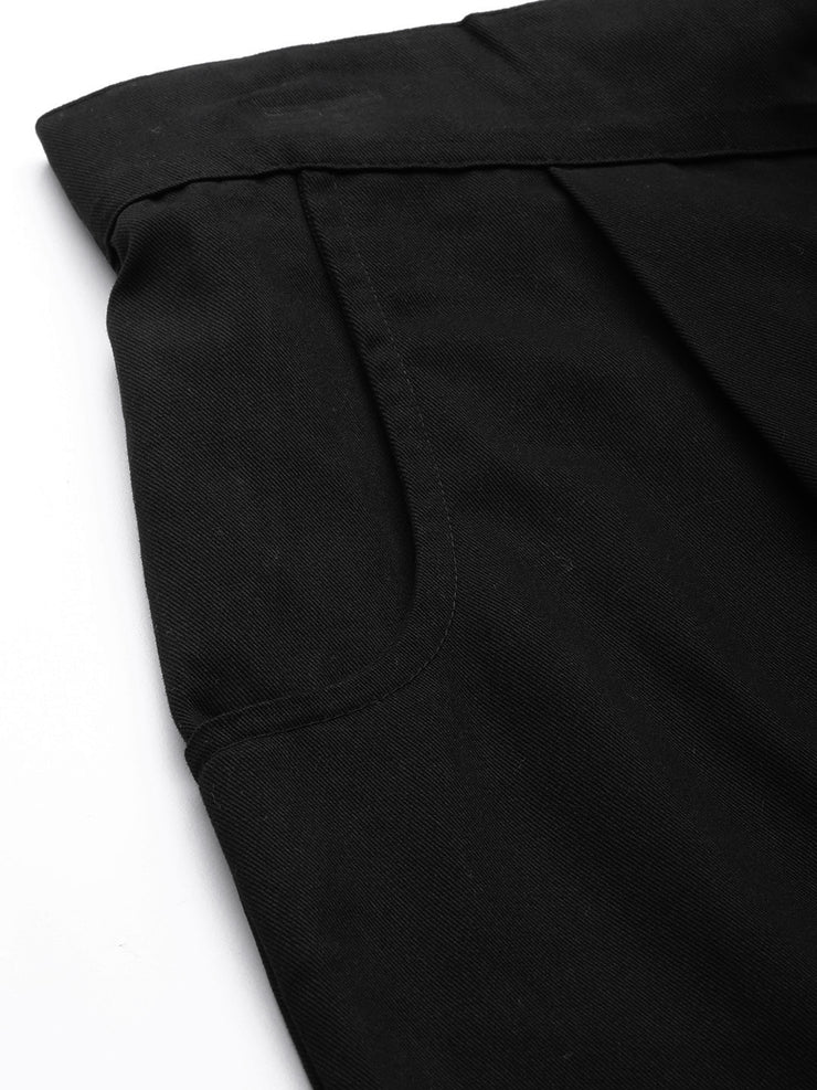 Women Black Cotton Cropped Parallel Trousers