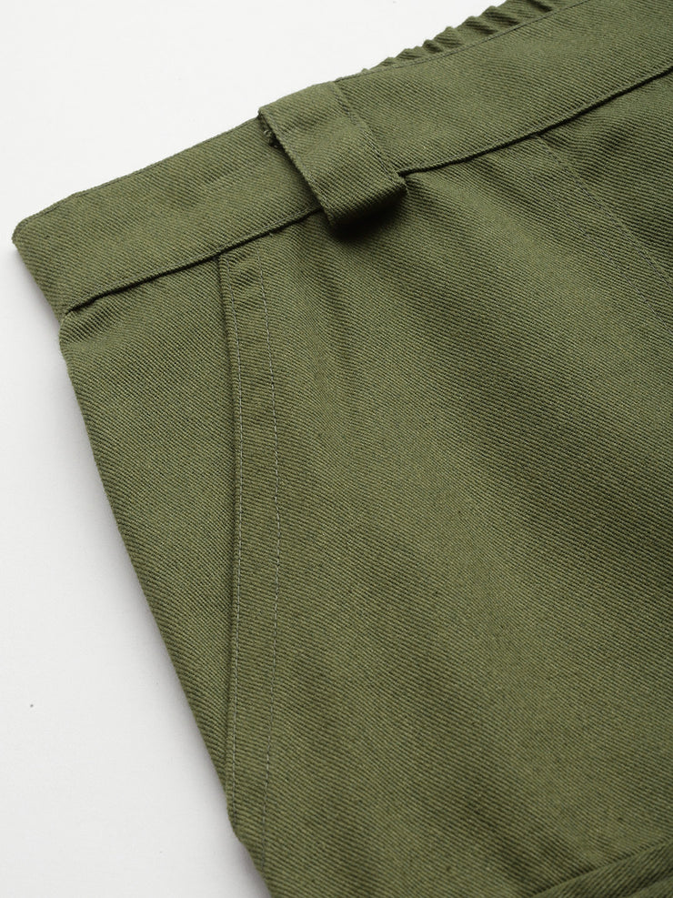 Olive Green High-Rise Pure Cotton Cargo Shorts