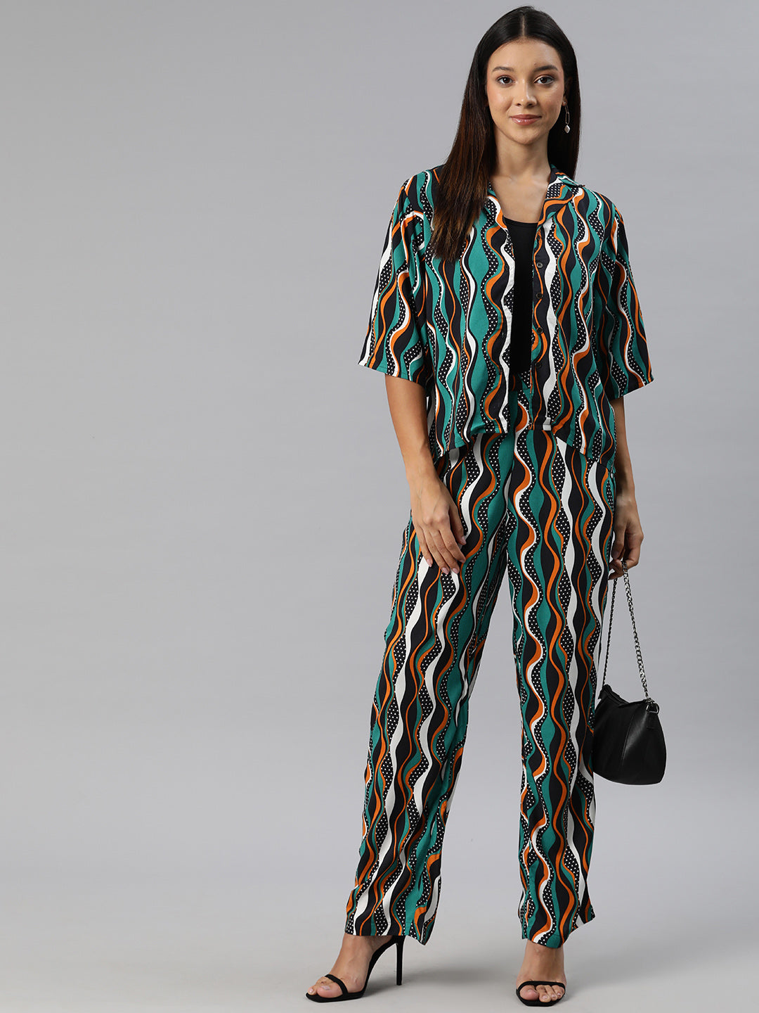 Turquoise Blue,Brown and Black printed Co-Ords
