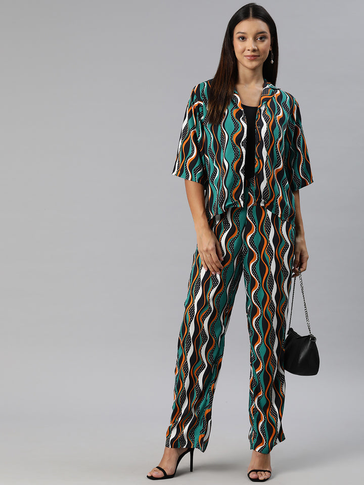 Turquoise Blue,Brown and Black printed Co-Ords