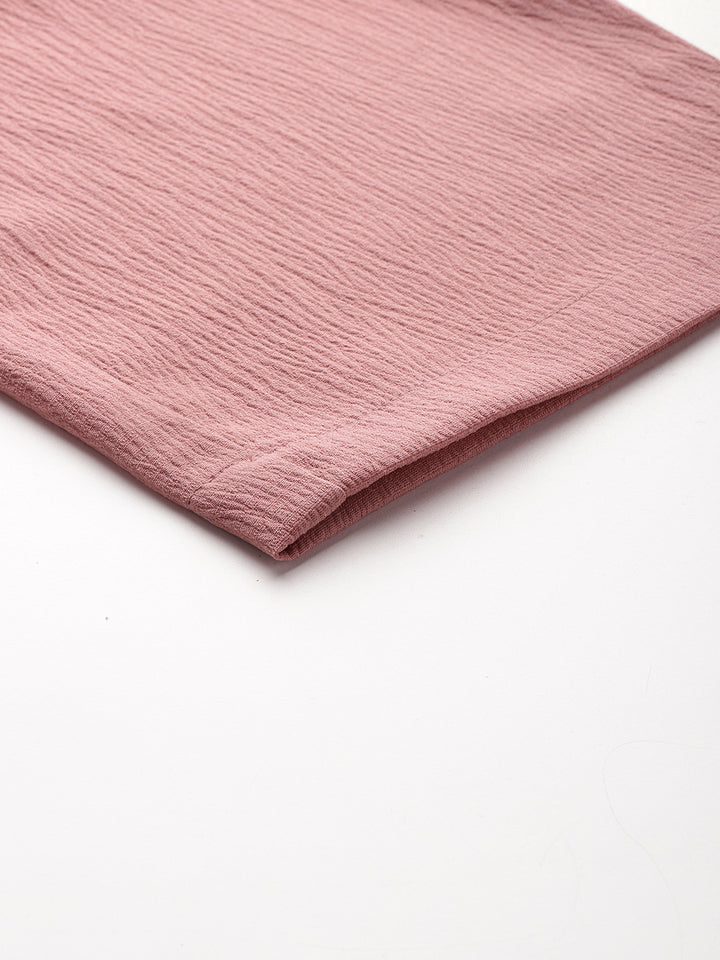 Pink Woven Textured High-Rise Trousers