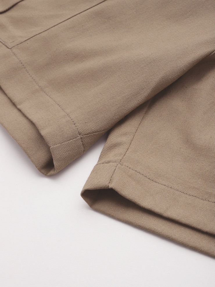 Taupe High-Rise Pure Cotton Cargo Shorts